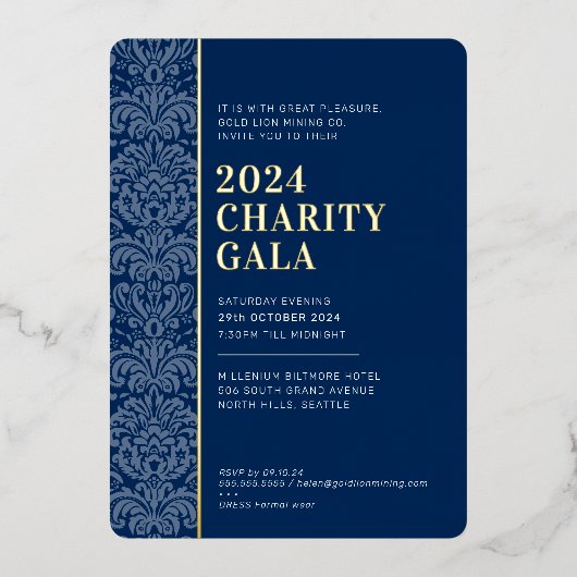 ガラボールモダンエレガントイベントネイビー青金ゴールド 箔招待状 (正面)
