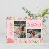 ガランティーンズデーの花柄ピンクの2枚の写真コラージュ xoxo シーズンカード (スタンド正面)