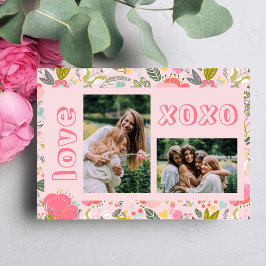 ガランティーンズデーの花柄ピンクの2枚の写真コラージュ xoxo シーズンカード