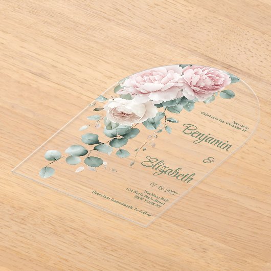 ガランピンクの牡丹ユーカリ結婚リーフ アクリル招待状 (レイダウン)