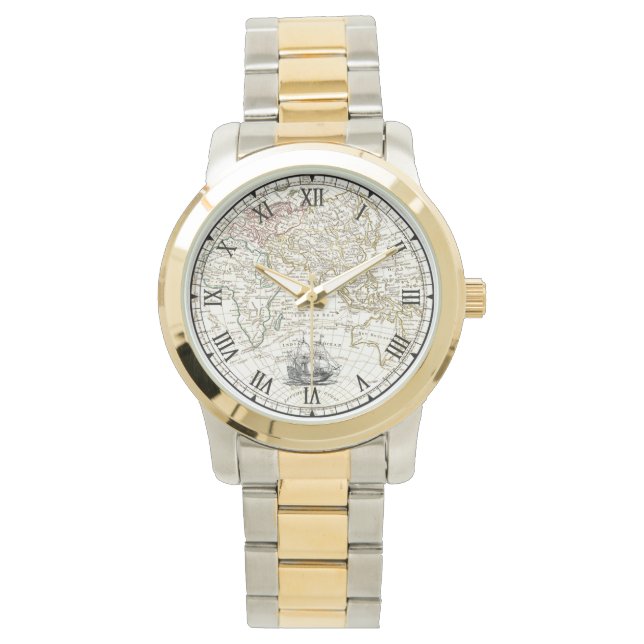 ガリオン帆走船～ 1789東半球の地図 腕時計 (正面)