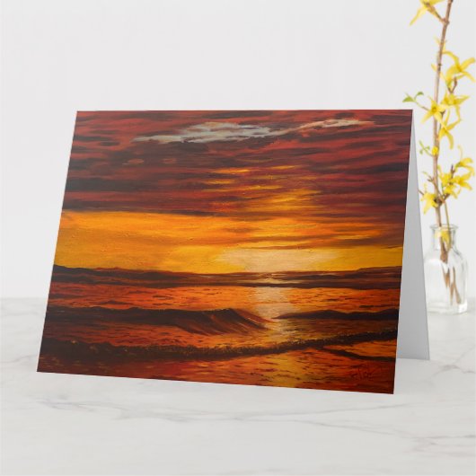 ガリー・ポリングによる鮮やかなオレンジ色の夕日 カード (黄色い花)