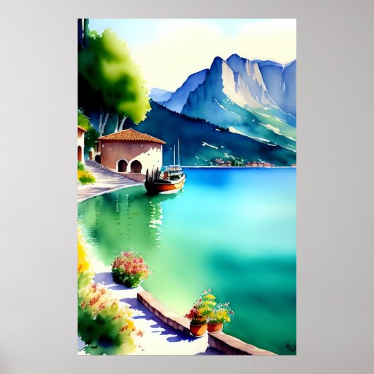 ガルダ湖(Lago di Garda)ウォーター絵画カラー ポスター (正面)