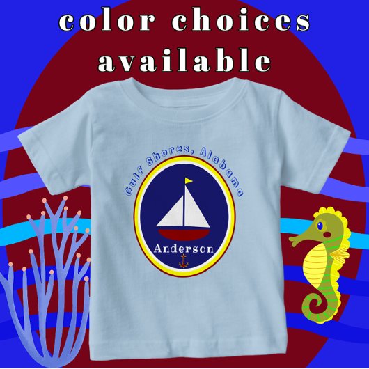 ガルフショアーズ，アラバマかわいい帆船いかりと名前 ベビーTシャツ
