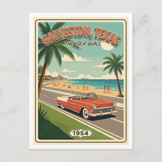 ガルベストン TX レトロ 海岸堤防 1950年代 ポストカード (正面)