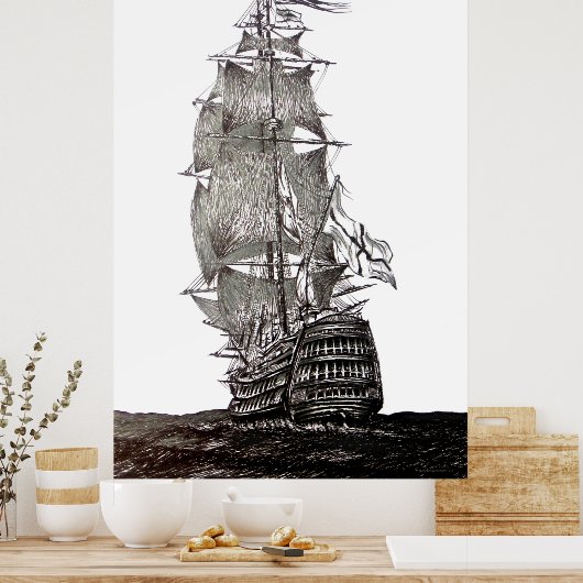 ガレオンのペンとインクのスケッチ（白黒） ポスター (キッチン)