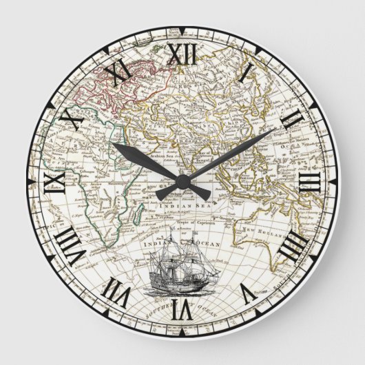 ガレオン帆船1789年東半球図 ラージ壁時計 (正面)