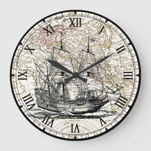 ガレオン帆船~1789東半球図~  ラージ壁時計 (正面)