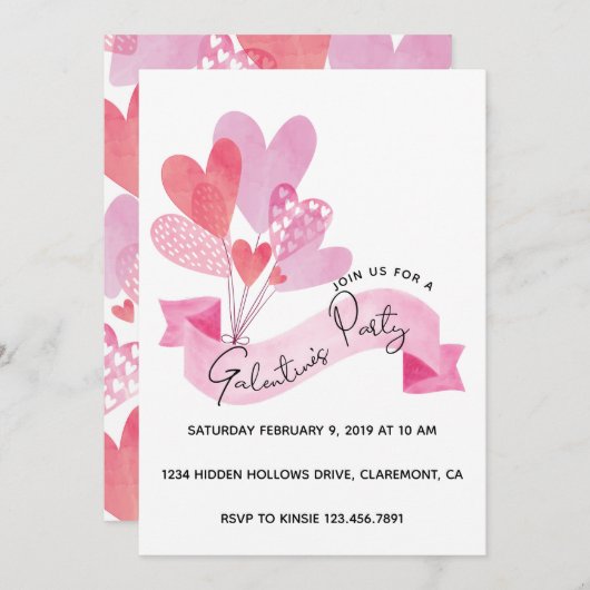 ガレンティンパーティの招待状とハート風船 セーブザデート (正面/裏面)