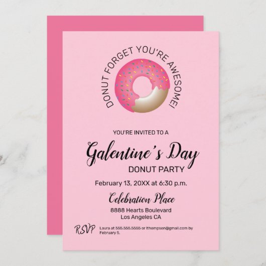 ガレンティーズデイドーナツパーティーピンクバレンタインガーリー 招待状 (正面/裏面)