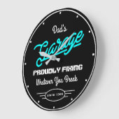 ガレージパパの任意の名前の修正ターコイズブラックおもしろい ラージ壁時計 (傾斜)