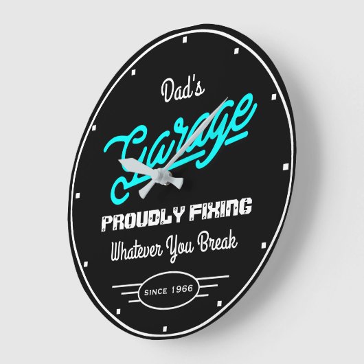 ガレージパパの任意の名前の修正ターコイズブラックおもしろい ラージ壁時計 (傾斜)