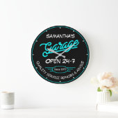 ガレージ任意の名前と日付ホワイトアクアレトロブラック ラージ壁時計 (ホーム)