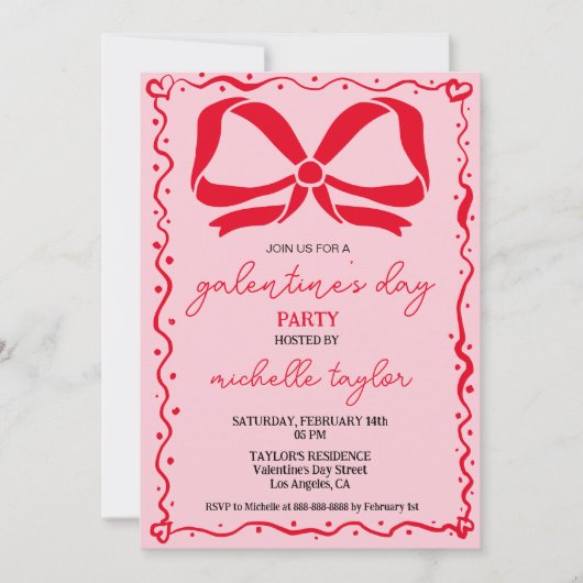 ガレ予測できなンティンズデイパーティーピンクと赤の弓 招待状 (正面)