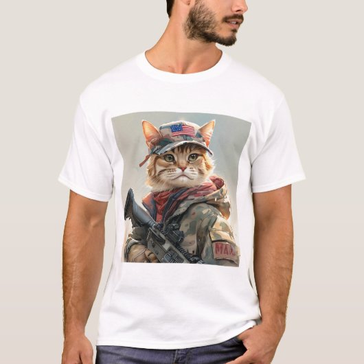 ガンクールとカモフラージュの可愛いアメリカのMAGA猫 Tシャツ (正面)