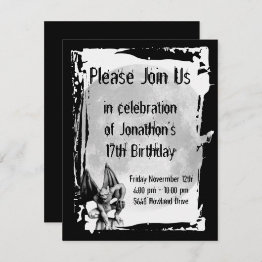 ガーゴイルおよび満月のゴシック様式誕生日の招待状 招待状 (正面/裏面)
