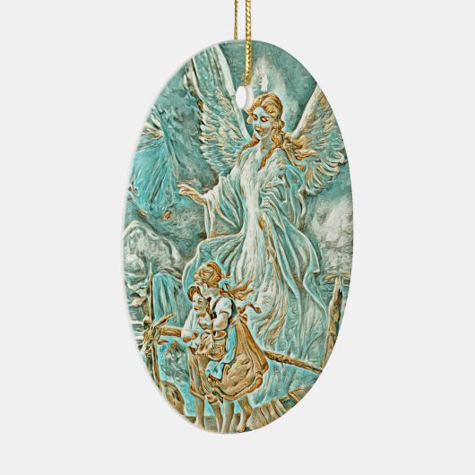 ガーディアンエンジェル、子供と橋の金ゴールドとティール（緑がかった色） セラミックオーナメント (右)