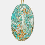 ガーディアンエンジェル、子供と橋の金ゴールドとティール(緑がかった色) セラミックオーナメント (左)