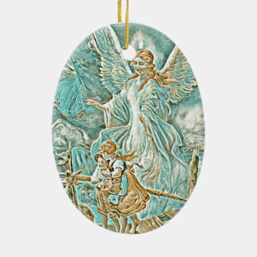 ガーディアンエンジェル、子供と橋の金ゴールドとティール（緑がかった色） セラミックオーナメント (裏面)