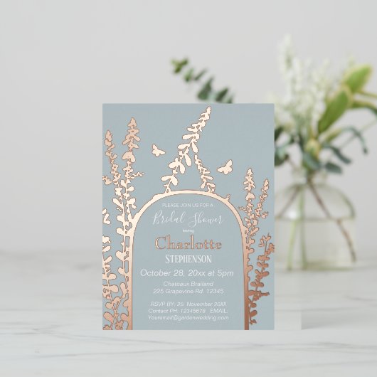 ガーデエレガントン葉ス蝶ブライダルシャワー 箔招待状ポストカード (立ち正面)