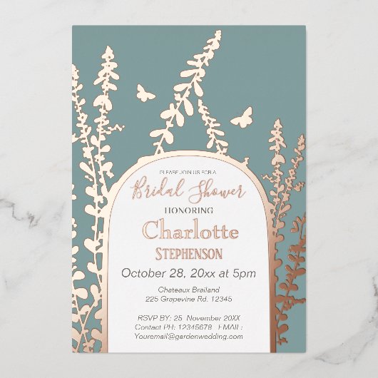 ガーデエレガントン葉ス蝶ブライダルシャワー 箔招待状 (正面)