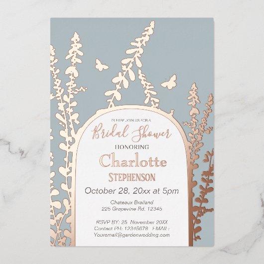 ガーデエレガントン葉ス蝶ブライダルシャワー 箔招待状 (正面)