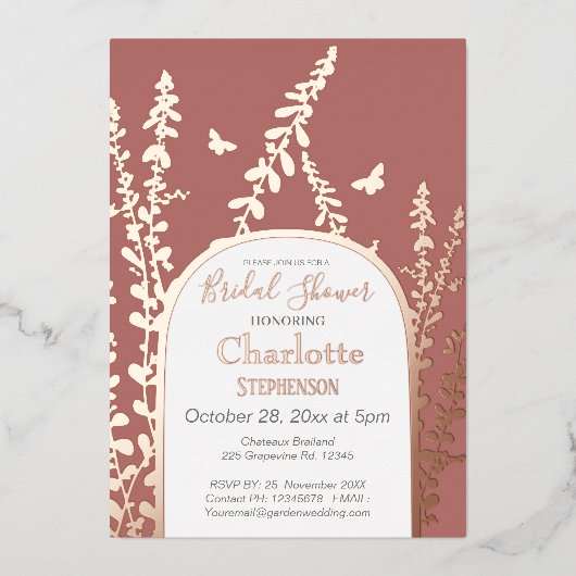 ガーデエレガントン葉ス蝶ブライダルシャワー 箔招待状 (正面)