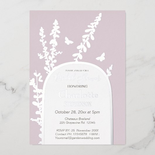 ガーデエレガントン葉ス蝶ブライダルシャワー 箔招待状 (正面)
