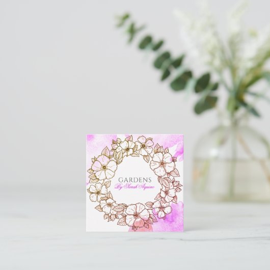 ガーデナーまたはフローリストフローラリース水色洗剤 スクエア名刺 (スタンド正面)