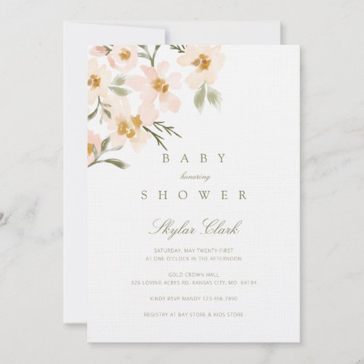 ガーデニアウォーターカラーフローラ赤面ベビーシャワー 招待状 (正面)