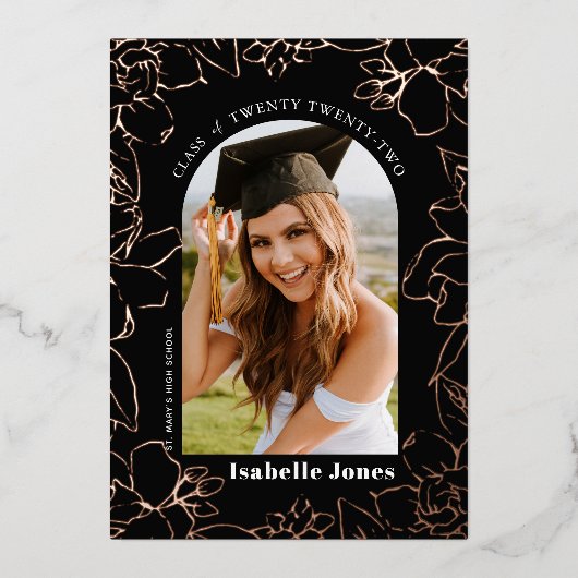 ガーデニアブラックフローラアーチ写真卒業 箔招待状 (正面)