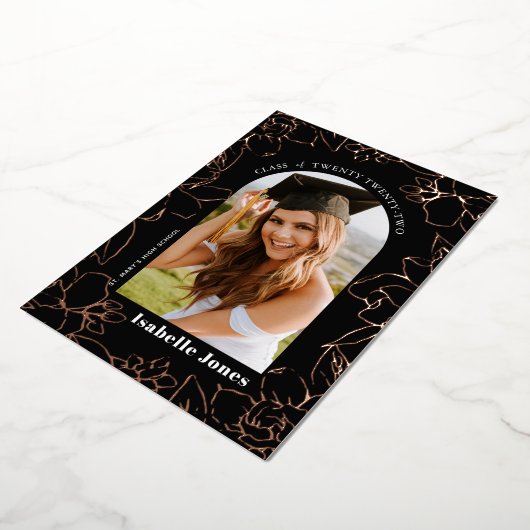 ガーデニアブラックフローラアーチ写真卒業 箔招待状 (回転した状態)