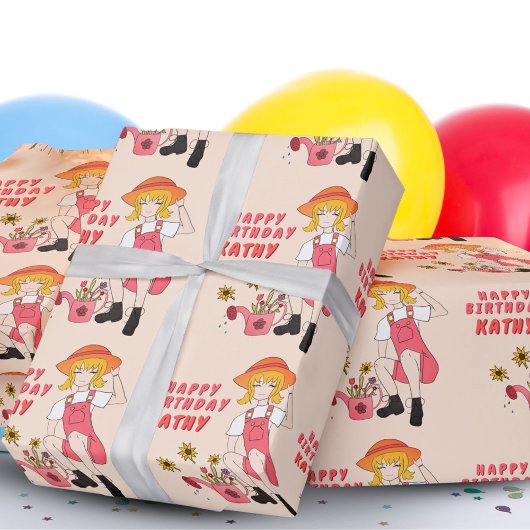 ガーデニングガールとヒマワリハッピーバースデーwra ラッピングペーパー