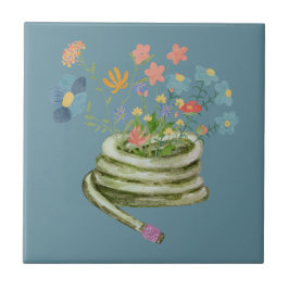 ガーデニングクールイラストレーションユニークフローラブルー タイル