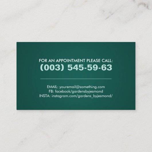 ガーデニングサービス – エメラルドグリーンの白いアイコン 名刺 (裏面)