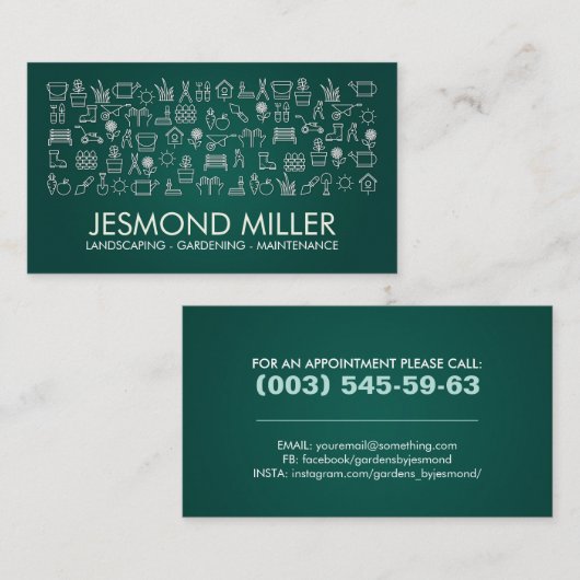 ガーデニングサービス – エメラルドグリーンの白いアイコン 名刺 (正面/裏面)