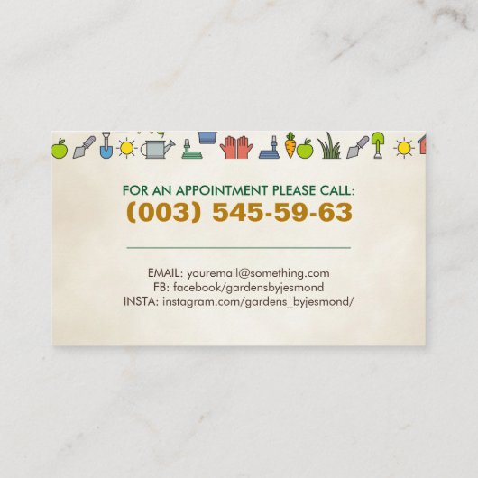 ガーデニングサービス – カラフルアイコンのパターン 名刺 (裏面)