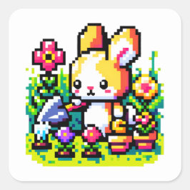ガーデニングバニー – かわいいピクセルアート自然デザイン スクエアシール