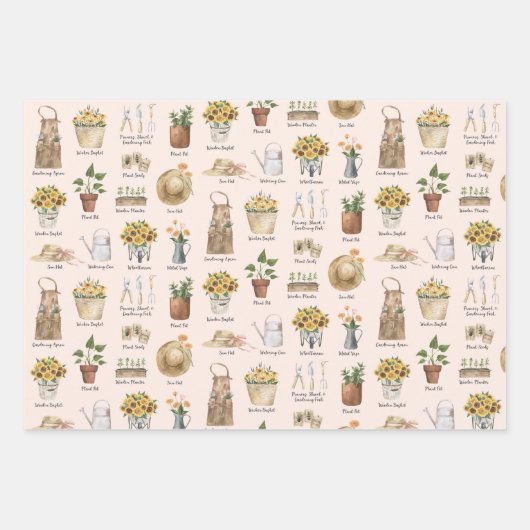 ガーデニング必要不可欠な水の色ひまわりパターン ラッピングペーパーシート (正面2)