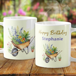 ガーデニング愛好家のための一輪車の水彩画入りハッピーバースデーギフト コーヒーマグカップ