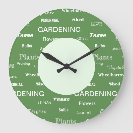 ガーデニング用語のガーデンテーマパターン グリーン ラージ壁時計 (正面)