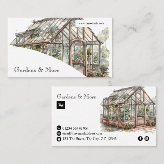 ガーデニング芝生と温室の土地と庭園 名刺 (正面/裏面)