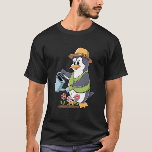 ガーデニング ペンギンの園芸 水やりのジョウロ Tシャツ (正面)