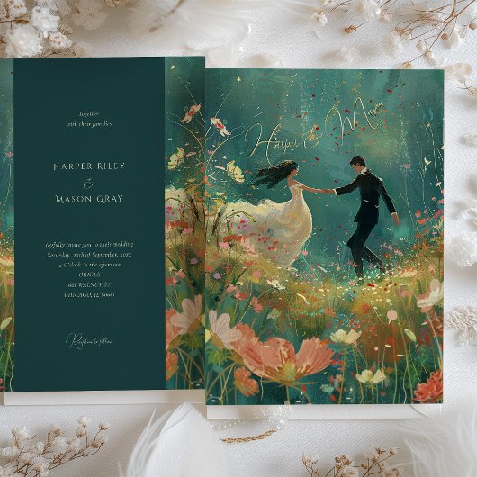 ガーデンお洒落ダンス – ティール（緑がかった色）アンドコーラル結婚ズ 招待状