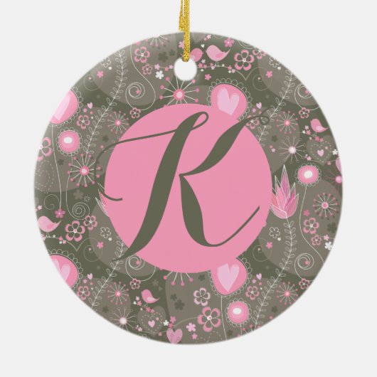 ガーデンお洒落バーズピンクオリーブモノグラム文字 セラミックオーナメント (裏面)