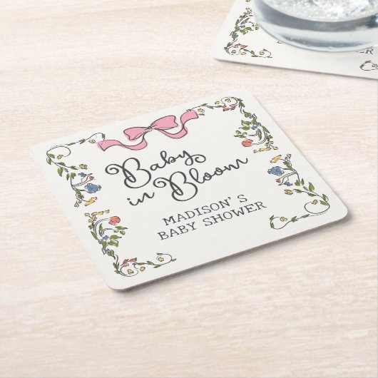 ガーデンお洒落パーティードードルフローラベビーシャワー スクエアペーパーコースター (アングル)