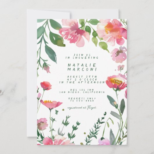 ガーデンお洒落ピンクの花ガールベビーシャワー 招待状 (正面)