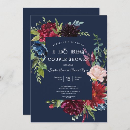 ガーデンお洒落ブルガンディブルーフラワーバーベキュー 招待状 (正面/裏面)