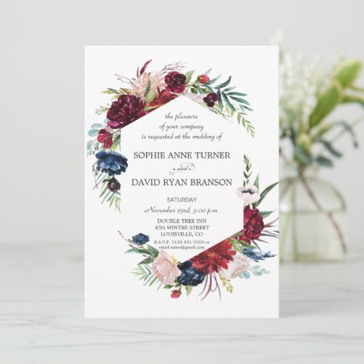 ガーデンお洒落ブルゴーニュ青い花結婚の花 招待状 (スタンド正面)