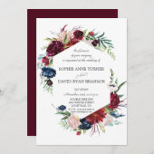 ガーデンお洒落ブルゴーニュ青い花結婚の花 招待状 (正面/裏面)